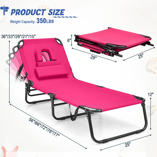 Beach Chaise Lounge Chair with Face Hole and Removable Pillow-Pink