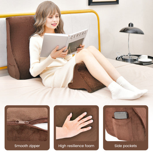 Bed Wedge Pillow with Tablet Pillow Stand and Side Pockets-Brown