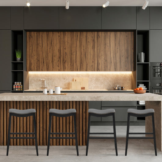 29 Inch Set of 2 Backless Wood Nailhead Barstools with PVC Leather Seat-Black