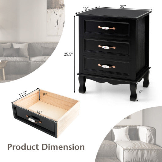 3 Drawers Nightstand with Solid Wood Legs for Living Room Bedroom-Black