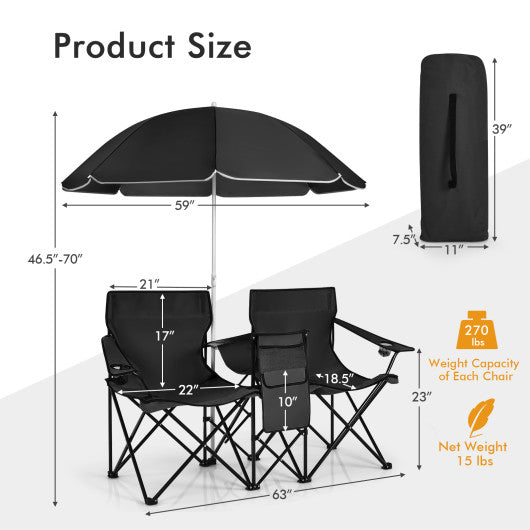 Portable Folding Picnic Double Chair With Umbrella-Black
