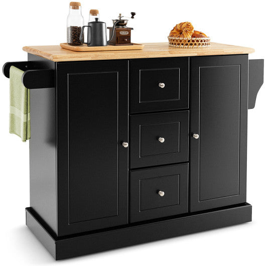 2-Door Large Mobile Kitchen Island Cart with Hidden Wheelsand 3 Drawers-Black