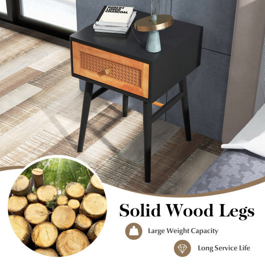 1-Drawer Modern Bedside Table with Solid Wood Legs-Black