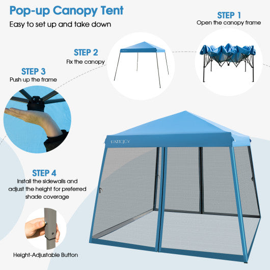 10 x 10 Feet Pop Up Canopy with with Mesh Sidewalls and Roller Bag-Blue