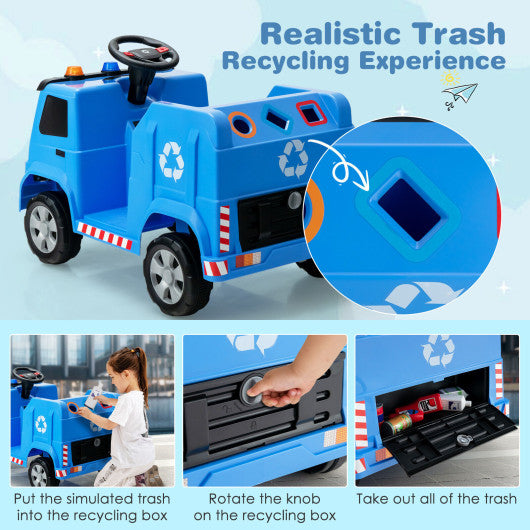 12V Kids Ride-on Garbage Truck with Warning Lights and 6 Recycling Accessories-Blue