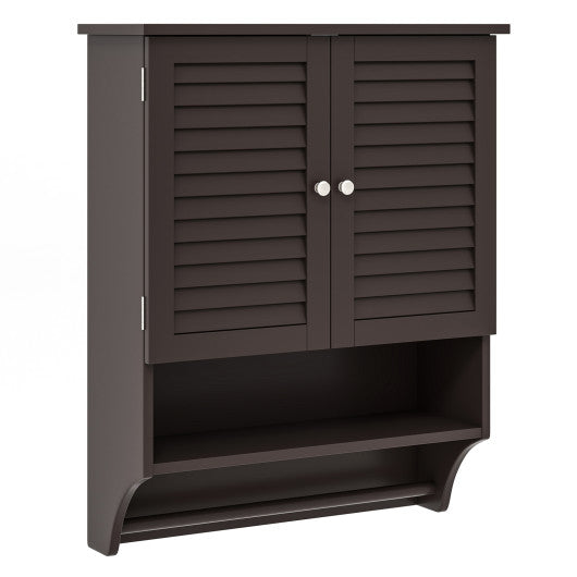 2-Doors Bathroom Wall-Mounted Medicine Cabinet with Towel Bar-Brown