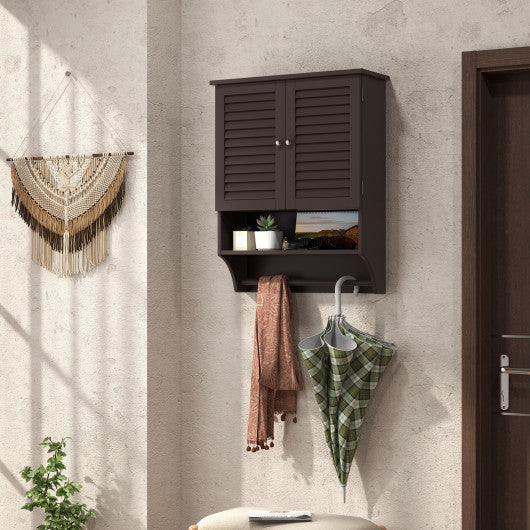 2-Doors Bathroom Wall-Mounted Medicine Cabinet with Towel Bar-Brown
