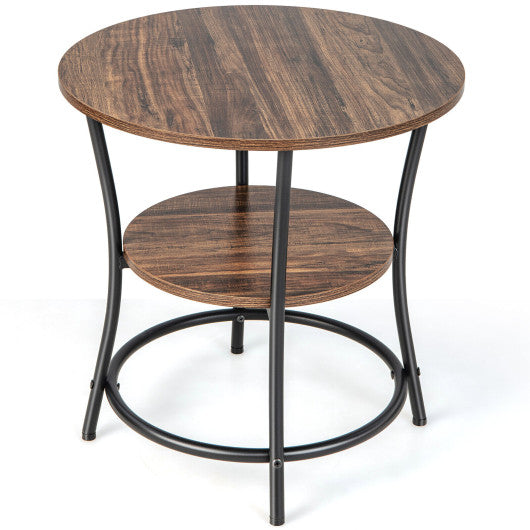 2-Tier Round End Table with Open Storage Shelf and Sturdy Metal Frame-Brown