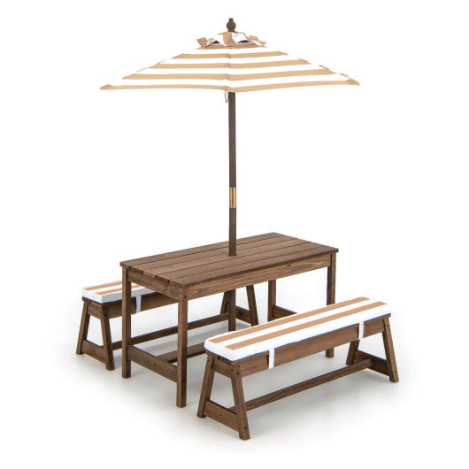 Kids Picnic Table and Bench Set with Cushions and Height Adjustable Umbrella-Brown