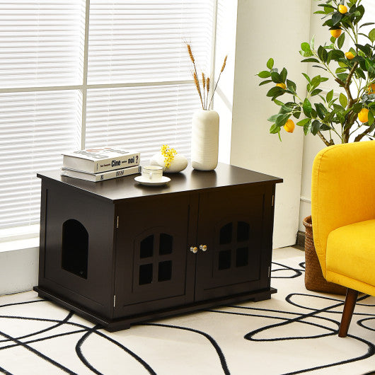 Large Wooden Cat Litter Box Enclosure Hidden Cat Washroom with Divider Coffee