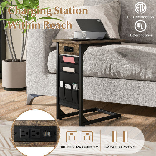 Set of 2 C Shaped End Table with Charging Station-Rustic Brown