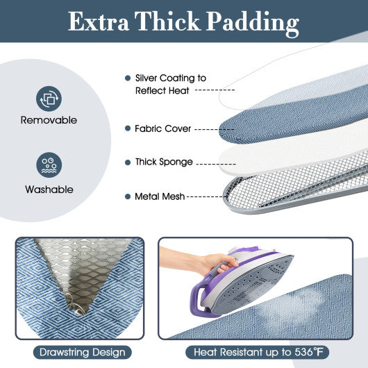 57" x 16.5" Carbon Steel Ironing Table with Iron Rest and 7-Level Height-Blue