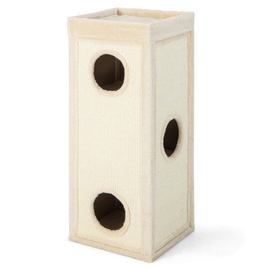 39 Inch Tall Cat Condo with Scratching Posts and 3 Hideaways and 4 Soft Plush Cushions-Natural