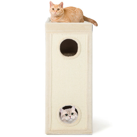 39 Inch Tall Cat Condo with Scratching Posts and 3 Hideaways and 4 Soft Plush Cushions-Natural