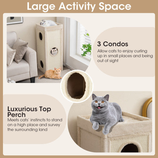 39 Inch Tall Cat Condo with Scratching Posts and 3 Hideaways and 4 Soft Plush Cushions-Natural