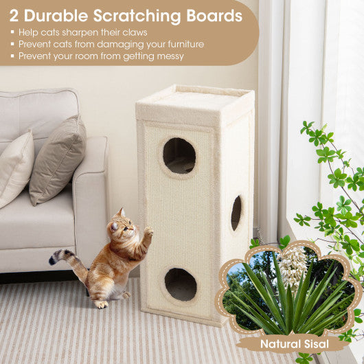 39 Inch Tall Cat Condo with Scratching Posts and 3 Hideaways and 4 Soft Plush Cushions-Natural