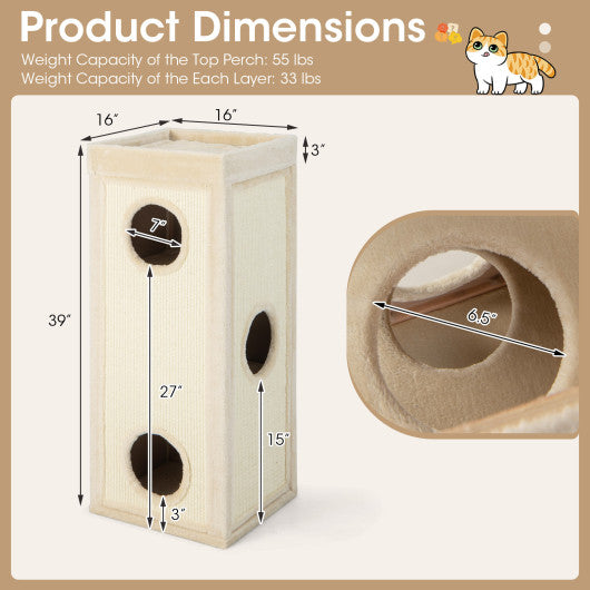 39 Inch Tall Cat Condo with Scratching Posts and 3 Hideaways and 4 Soft Plush Cushions-Natural