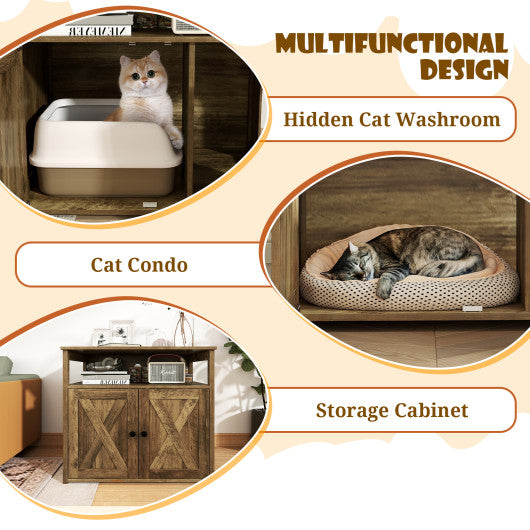 Cat Litter Box Enclosure with Double Barn Doors Divider Side Entry and Storage Shelf