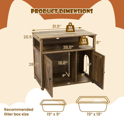 Cat Litter Box Enclosure with Double Barn Doors Divider Side Entry and Storage Shelf