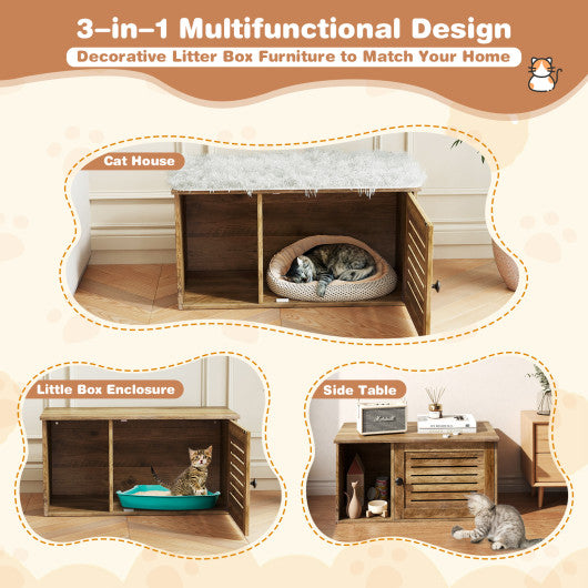 Cat Litter Box Enclosure with Louvered Door and Open Compartment