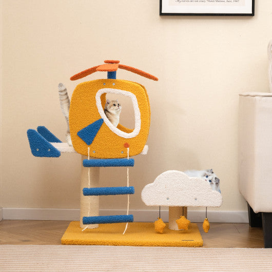 Indoor Small Aviation-themed Cat Tree Cat Tower with Helicopter Top Perch-Yellow