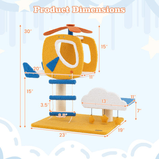 Indoor Small Aviation-themed Cat Tree Cat Tower with Helicopter Top Perch-Yellow