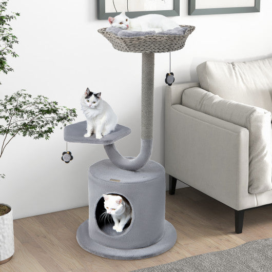 42 Inch Tall Cat Tower with Curved Metal Supporting Frame for Large and Small Cats-Gray