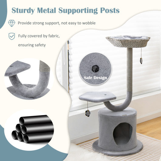 42 Inch Tall Cat Tower with Curved Metal Supporting Frame for Large and Small Cats-Gray