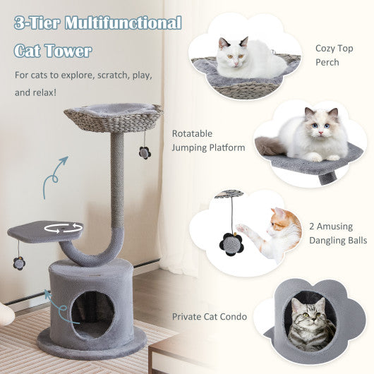 42 Inch Tall Cat Tower with Curved Metal Supporting Frame for Large and Small Cats-Gray