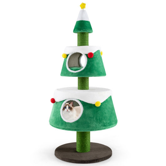 Christmas Cat Tree for Indoor Cats Cute Holiday Cat Tower with 2 Condos-Green
