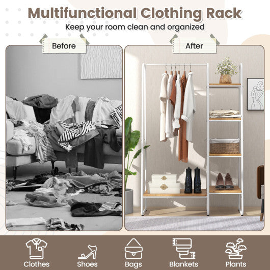 Clothes Rack Free Standing Storage Tower with Hanging Bar-Natural