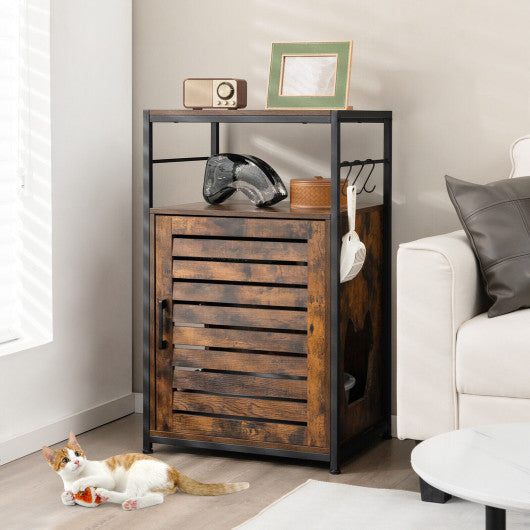Cat Litter Box Enclosure with Louvered Door and 3-Tier Shelf-Coffee
