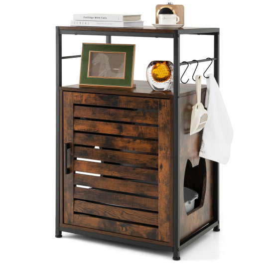 Cat Litter Box Enclosure with Louvered Door and 3-Tier Shelf-Coffee