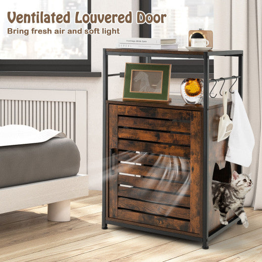 Cat Litter Box Enclosure with Louvered Door and 3-Tier Shelf-Coffee