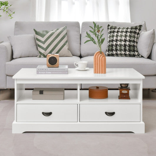 Modern Coffee Table with Drawers and Open Cubies-White