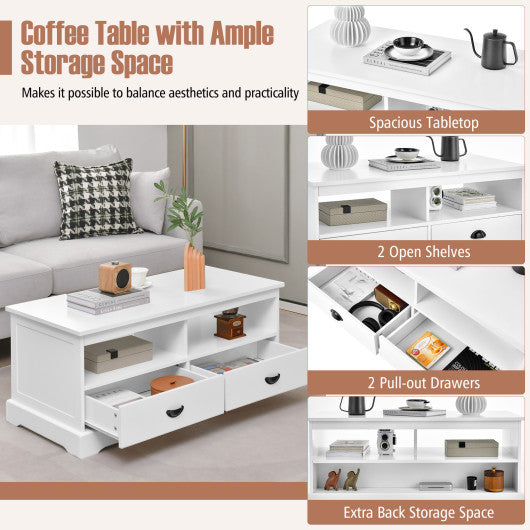 Modern Coffee Table with Drawers and Open Cubies-White