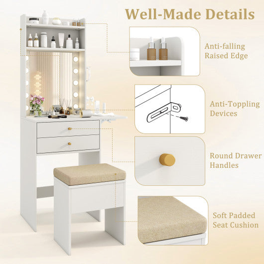 Compact Vanity Desk Set with 3-Color Lighted Mirror and Power Outlets-White