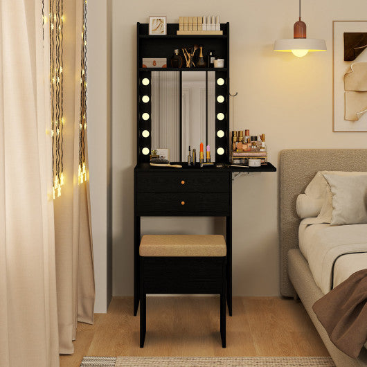 Compact Vanity Desk Set with 3-Color Lighted Mirror and Power Outlets-Black