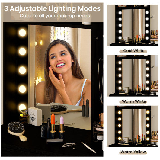 Compact Vanity Desk Set with 3-Color Lighted Mirror and Power Outlets-Black