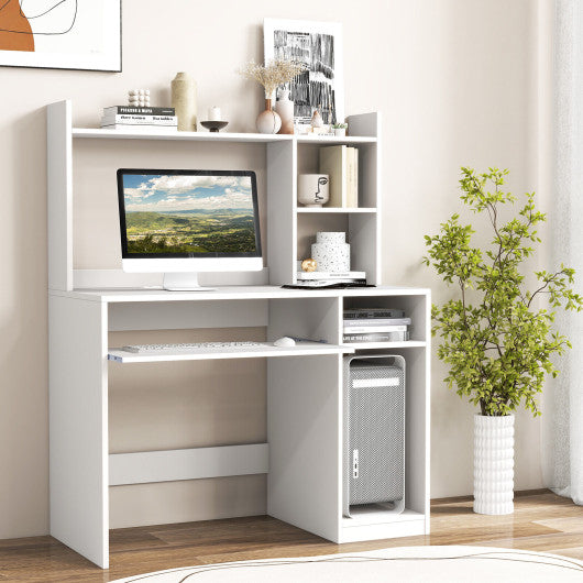 Home Office Computer Desk with Bookcase Keyboard Tray and CPU Stand-White