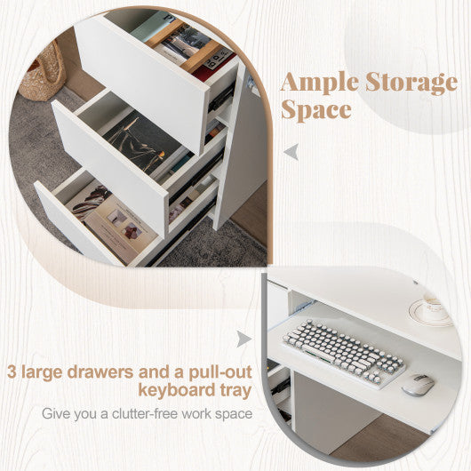 Computer Desk with Power Outlet Keyboard Tray and 3 Large Drawers-White