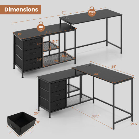 L-shaped Computer Desk with Power Outlet for Working Studying Gaming-Black