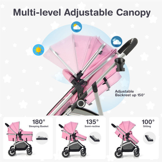 2-in-1 Convertible Baby Stroller with Reversible Seat-Pink