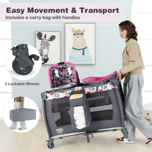 4-in-1 Convertible Portable Baby Playard Newborn Napper with Music and Toys-Pink