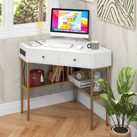 Triangle Corner Desk with Charging Station with 2 Drawers and Storage Shelf-Golden