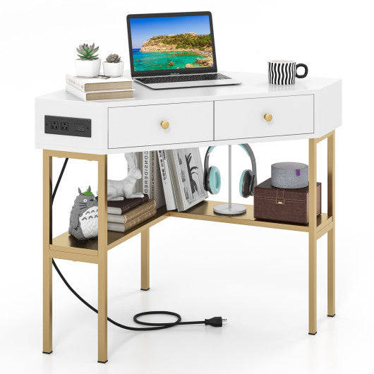 Triangle Corner Desk with Charging Station with 2 Drawers and Storage Shelf-Golden