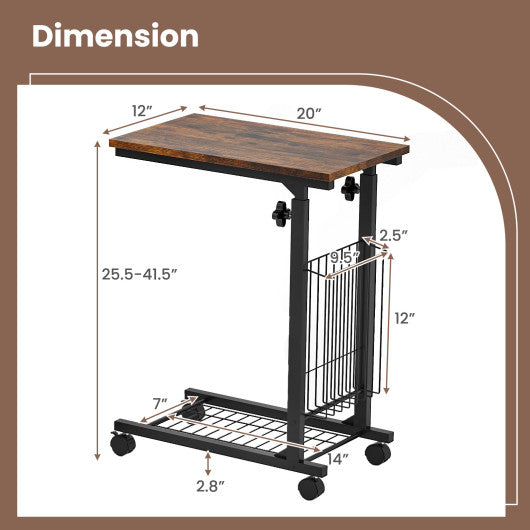 C-shape Sofa Side Table with Storage Basket-Rustic Brown