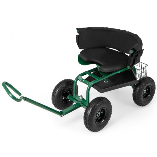 Cushioned Rolling Garden Cart Scooter with Storage Basket and Tool Pouch-Green