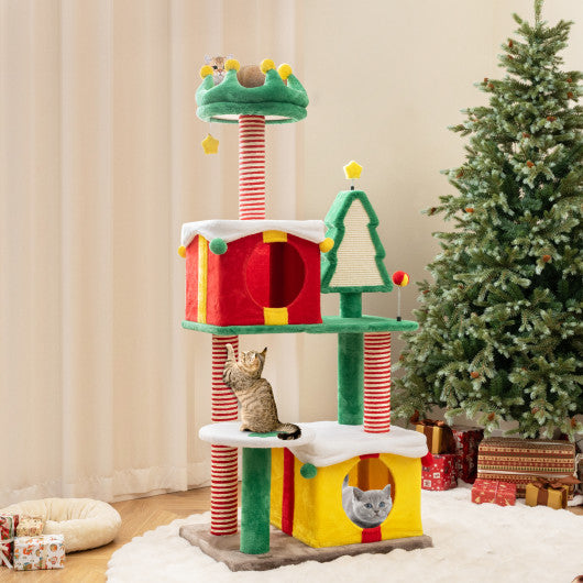 Cute Christmas Cat Tree Cat Tower for Indoor Cats with Scratching Posts and Carpet-Multicolor