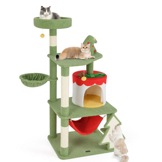 Cute Christmas Cat Tree with Sisal Scratching Posts and Gift Box Shaped Condo-Green